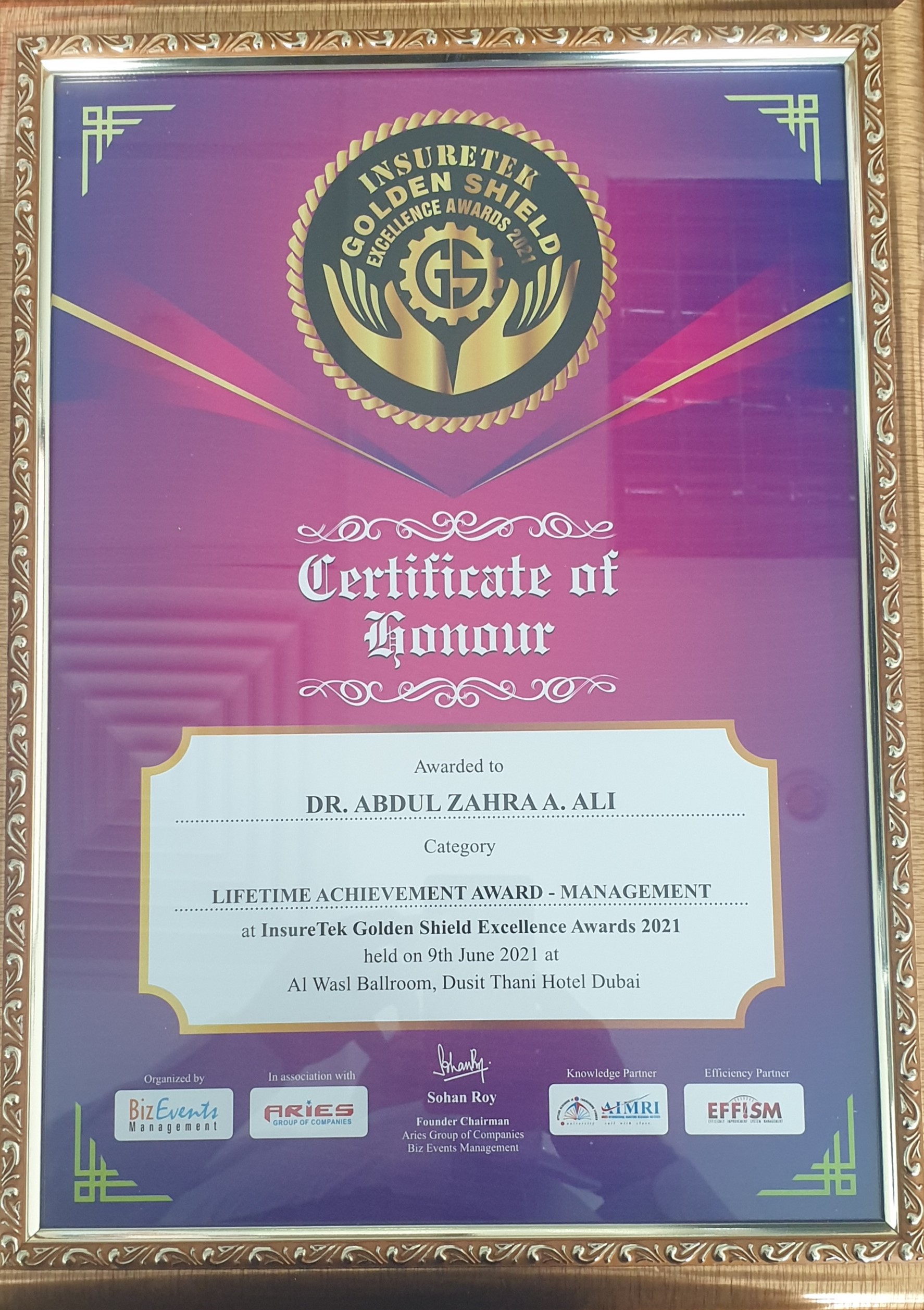 CEO Dr. Abdul Zahra A. Ali honored with the Lifetime Achievement Award - Management